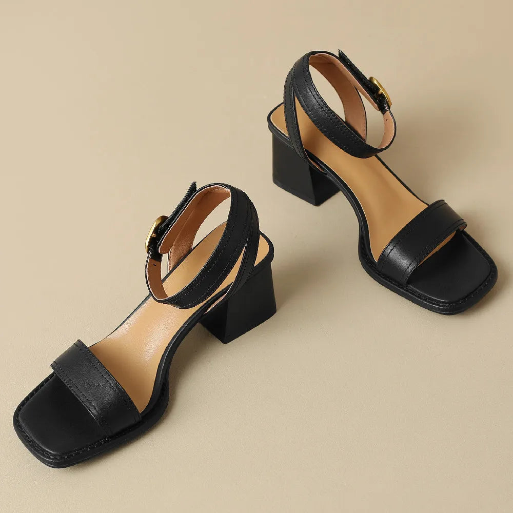 Genuine Leather Sandals Narrow Band Ankle Strap 6cm Thick Med Heel Open Toe Summer Pumps Heels Shoes for 42