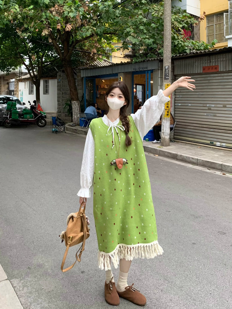 Sweet Forest Colored Sleeveless Polka Dot Vest Dress Autumn Loose Tassel Mint Manwave Long Dresses