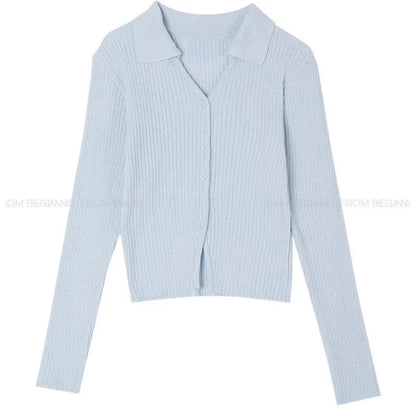 Color Threaded Longsleeved Cardigan Spring New Vneck Multibutton All Match Knitted Tops