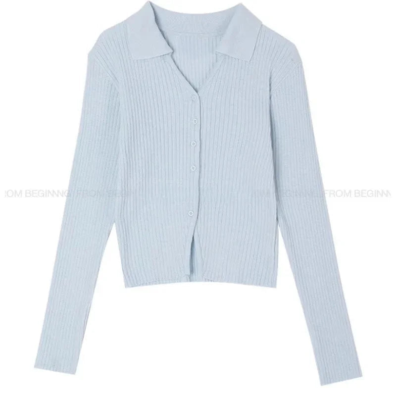 Color Threaded Longsleeved Cardigan Spring New Vneck Multibutton All Match Knitted Tops