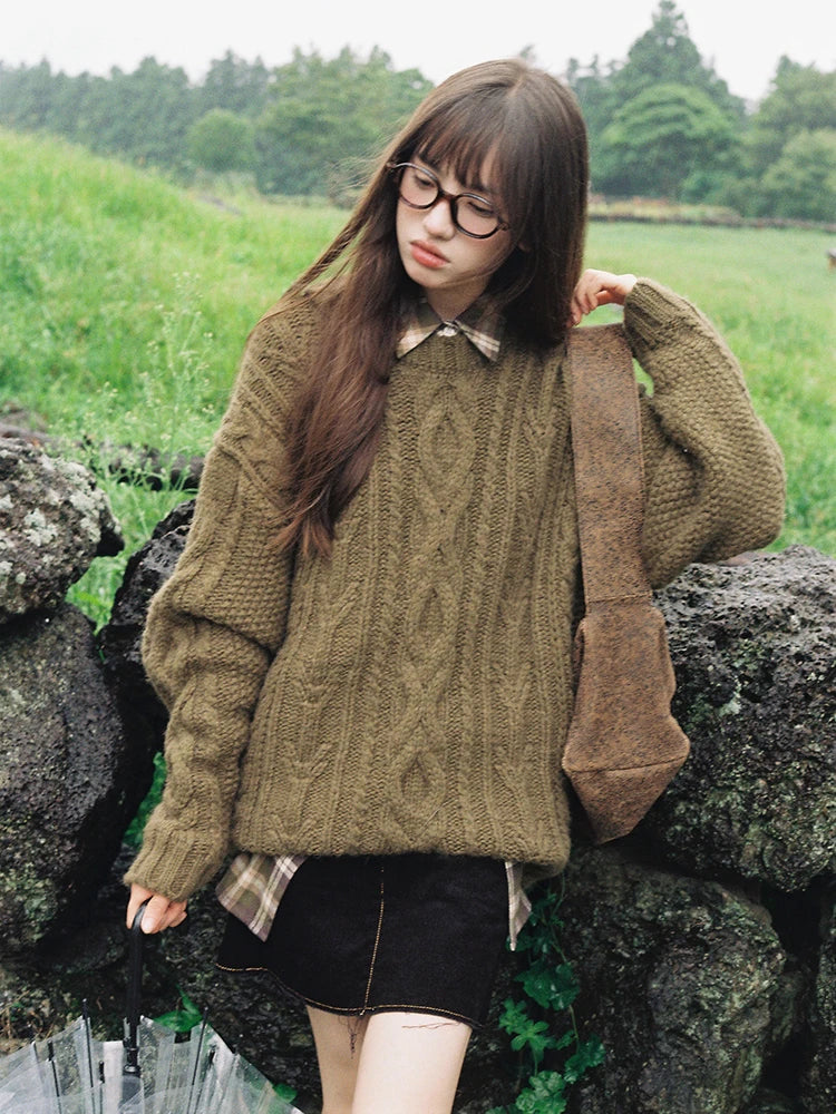 Green Knitwear Pullovers Long Sleeve Oversized Sweater Fairy Grunge Autumn Winter Thick Warm Clothes