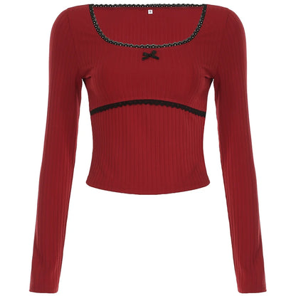 Christmas Knitted Lace Trim Square Collar Long Sleeves T-shirts Sweet Festive Atmosphere Blouses
