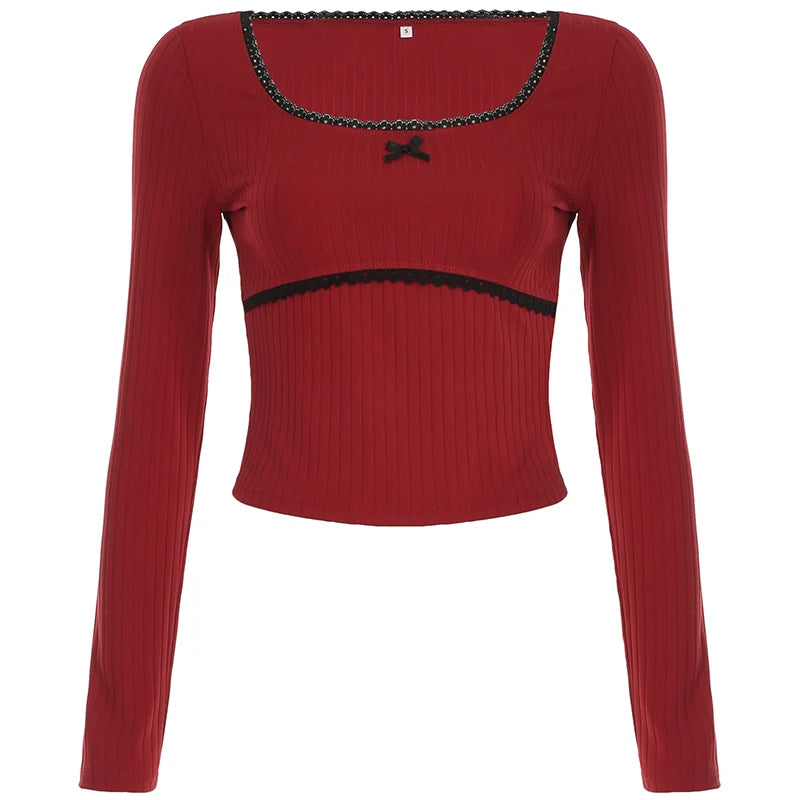 Christmas Knitted Lace Trim Square Collar Long Sleeves T-shirts Sweet Festive Atmosphere Blouses
