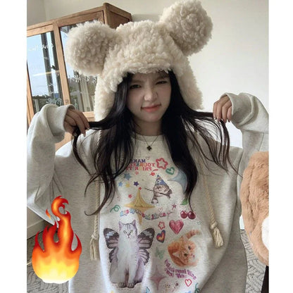 Kawaii Cat Print Hoodie Cutecore Long Sleeve Sweatshirt American Retro Egirl Kitten Angel Graphic Alt Clothes Y2k