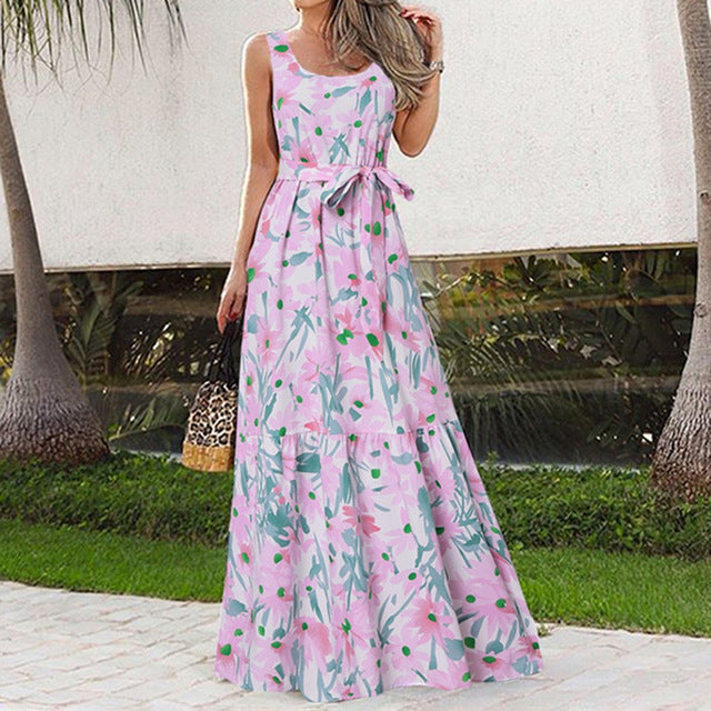 Summer Flower Print Sleeveless Long Dresses Vacation Style Dress O Neck High Waist Leace-up Maxi Vestidos