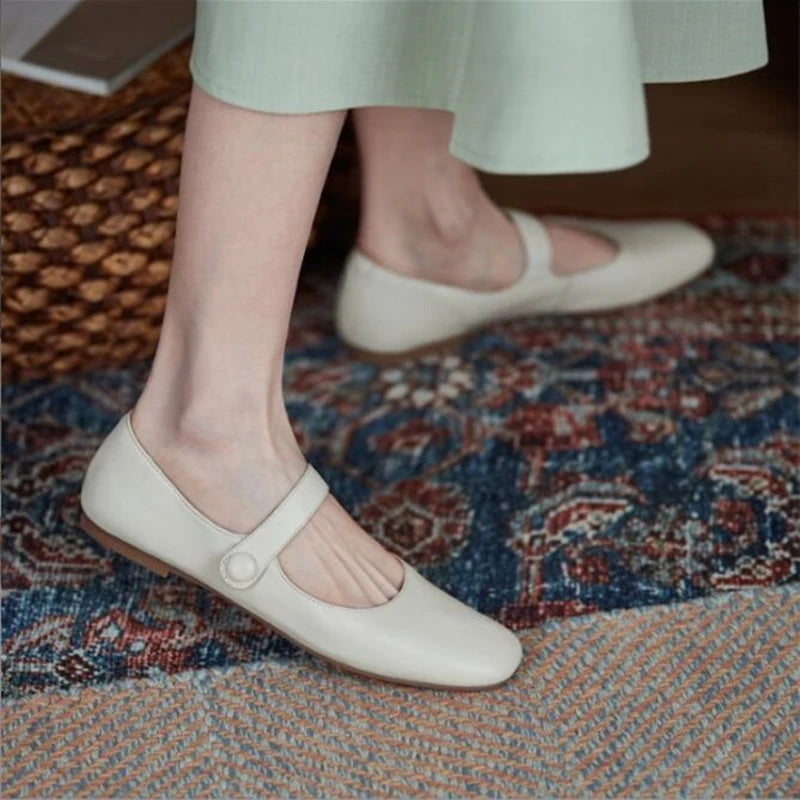 Mary Jane Shoes Spring New Genuine Leather Shoes Buckle Comfortable Flat Shoes