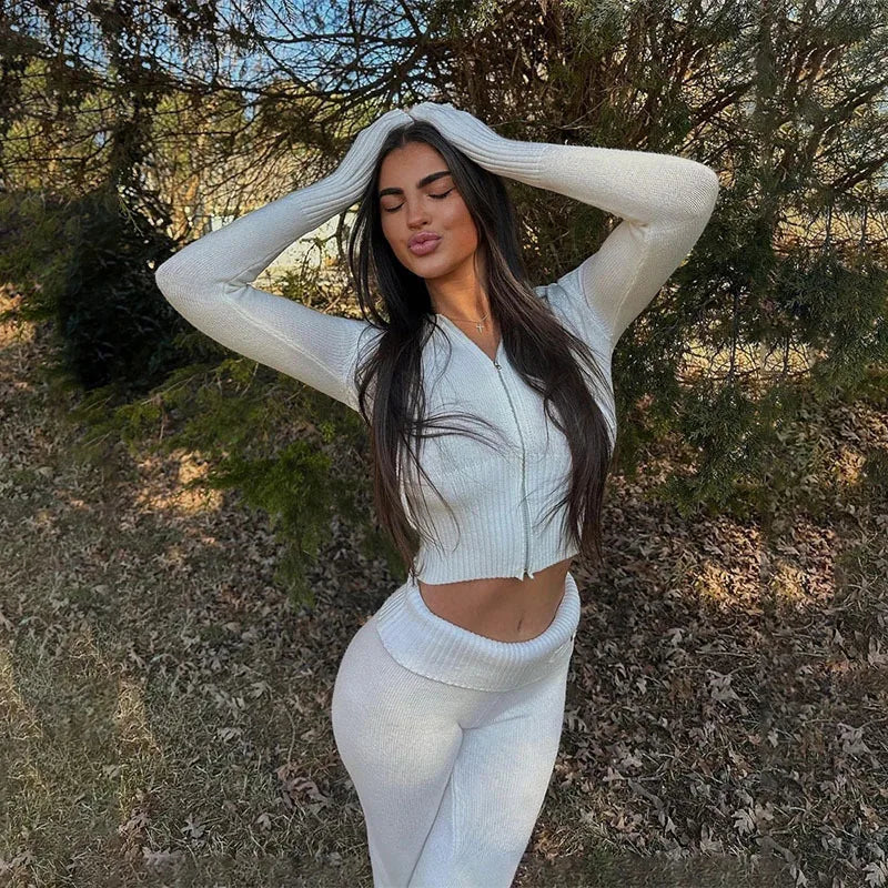 Knitted 2 Piece Sets Tracksuit Long Sleeve Zipper Hooded Sweater Crop Top Flare Pants Stretch Matching Suit Outfit