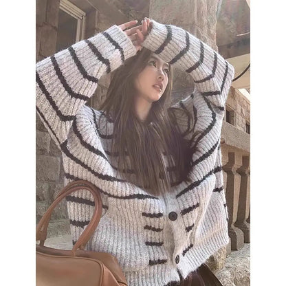 American Striped Hooded Sweater for Autumn and Winter New Lazy Style Thick Loose Knitted Cardigans Clothing