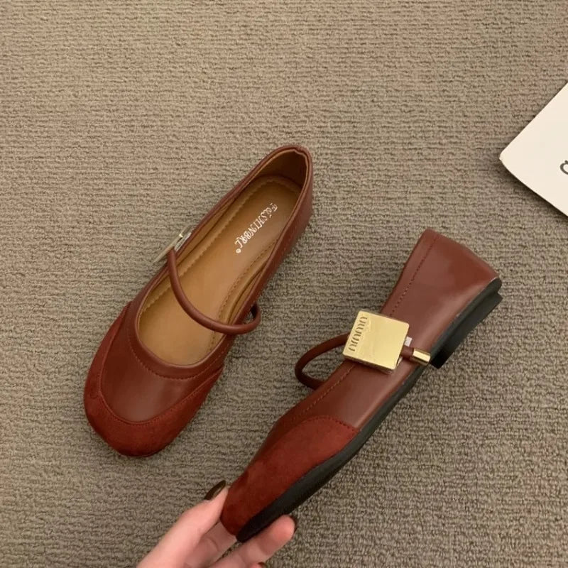 Designer New Leather Shallow Soft Sole Mary Jane Shoes Summer French Metal Buckle Flat Shoes