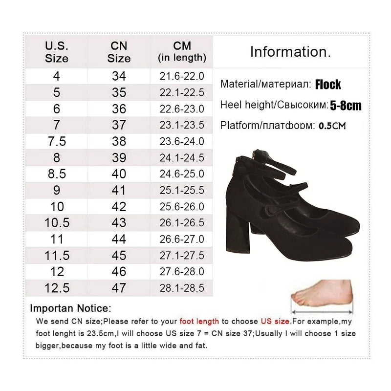New Black Suede Mary Janes Shoes Chunky Heel High Heels Round Toe Pumps Party Dress Shoes Zapatos De Mujer