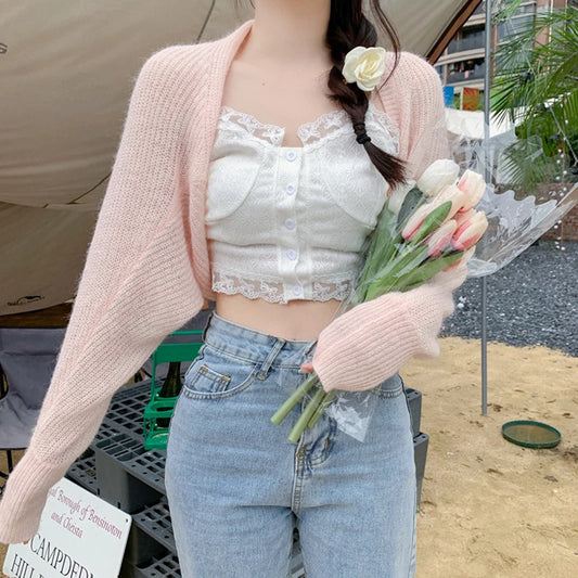 Y2k Shrug 2000s Clothes Color Long Sleeve Cropped Knitted Tops Sun Protection Cardigan Coquette Clothing