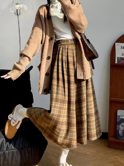 Autumn Winterthicken Warm Pockets Plaid Woolen Skirts for Female Loose High Waist Midi Skirt