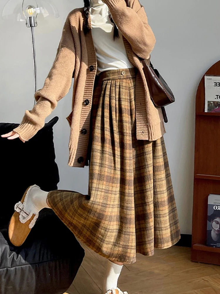 Autumn Winterthicken Warm Pockets Plaid Woolen Skirts for Female Loose High Waist Midi Skirt