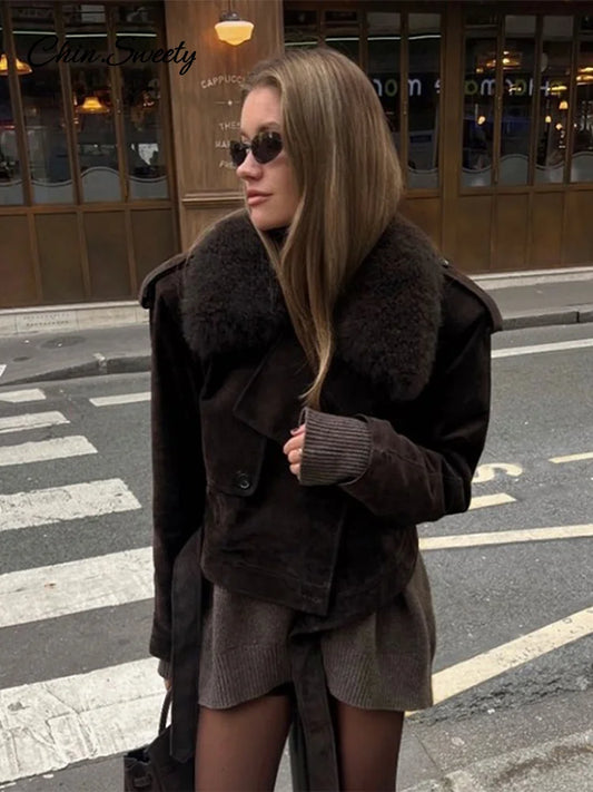 Cropped Suede Jacket Lapel Fur Collar Lace Up Long Sleeve Coat Female Winter Lady High Street Outwear