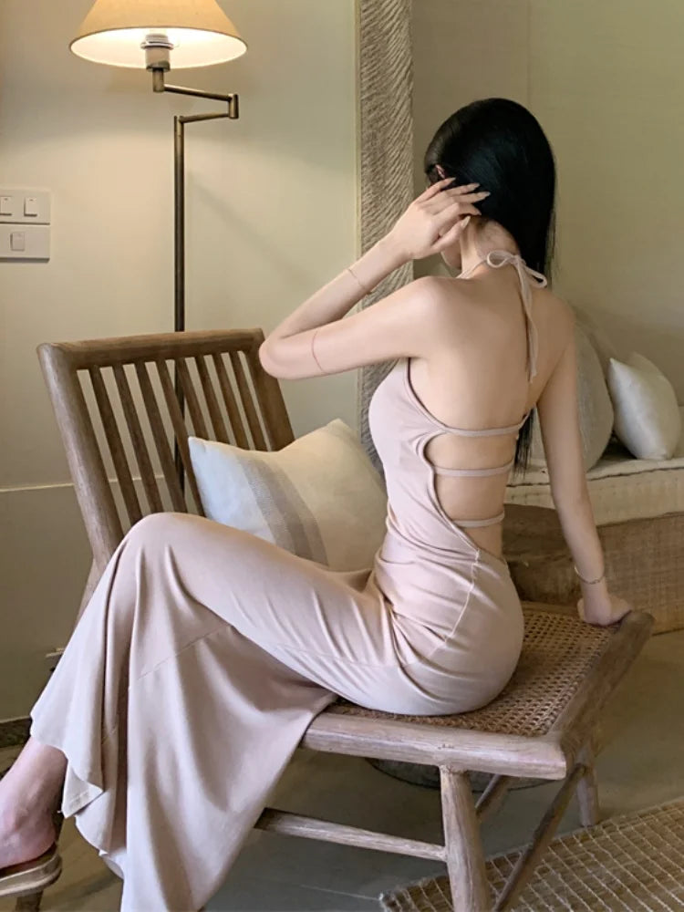 New Slim Sleeveless Midi Dresses Halterneck Backless Birthday Party Bodycon Dress
