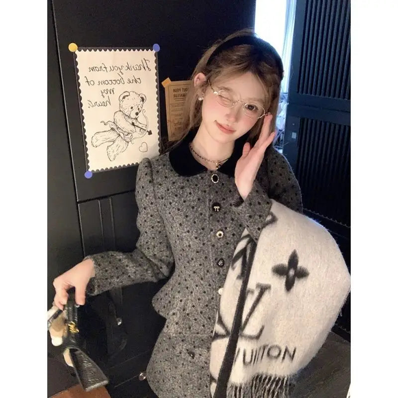 Sweet Hot Girl Suit Autumn Winter Polka Dot Short Coat High Waisted Aline Skirt Twopiece Set Female Clothes