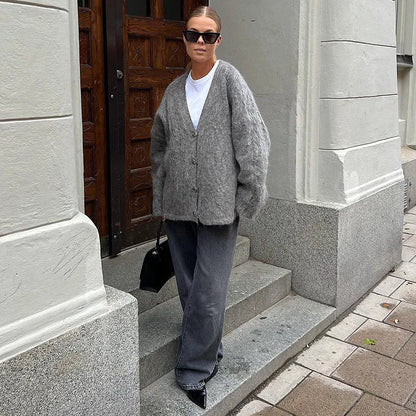 Knitted Cardigans Single Breasted V-neck Loose Long Sleeve Sweater Winter Gray All-match Coat Tops