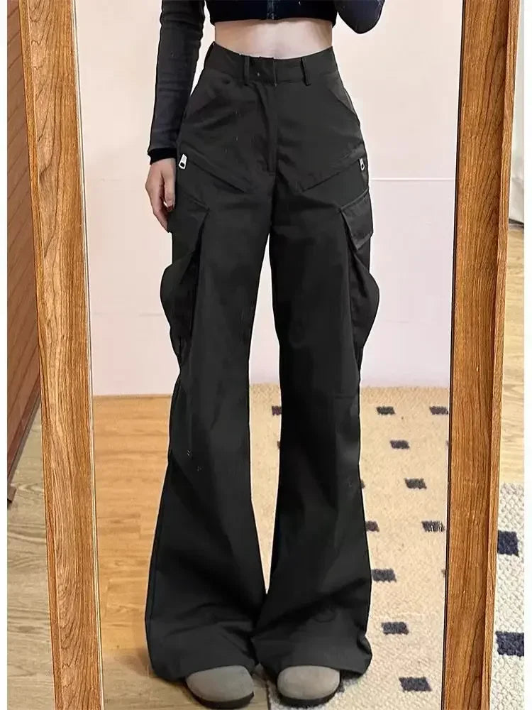 Grey Flare Cargo Sweatpants Y2k Harajuku Baggy Zipper Korean Style Wide Leg Pants Trousers