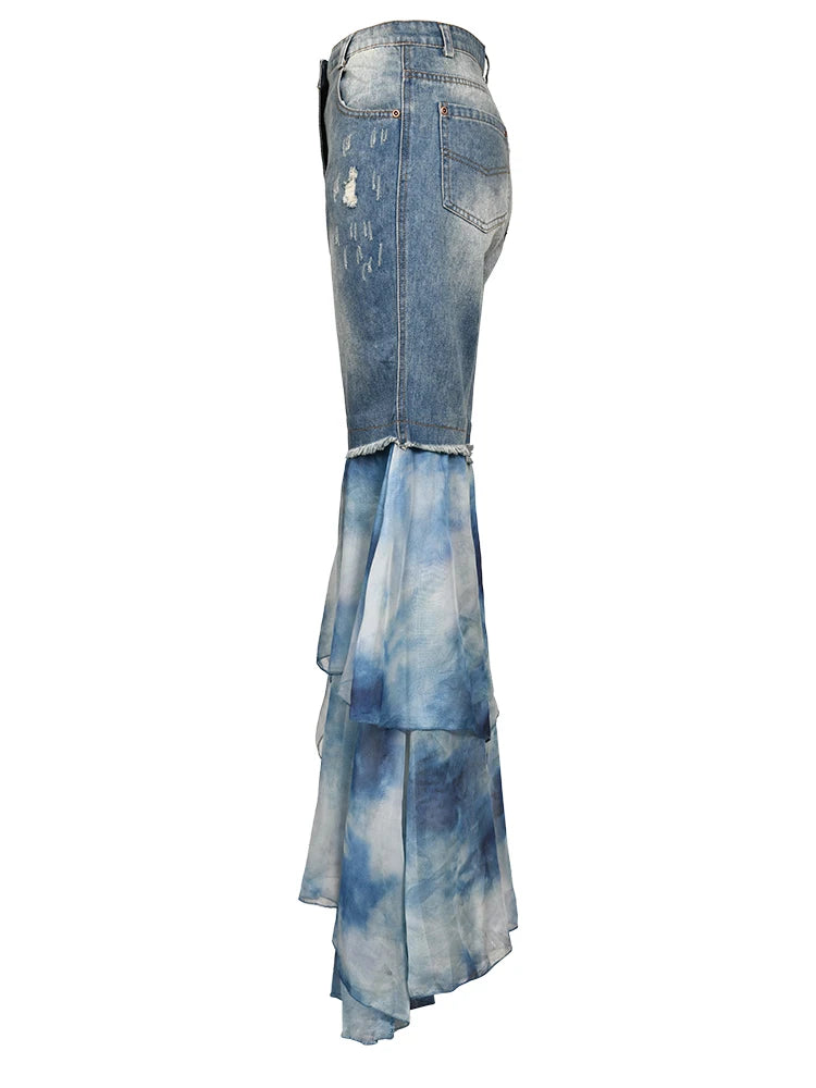 Long Troouser Slim High Waist Spliced Print Layered Chiffon Fulllength Flare Pants Summer New