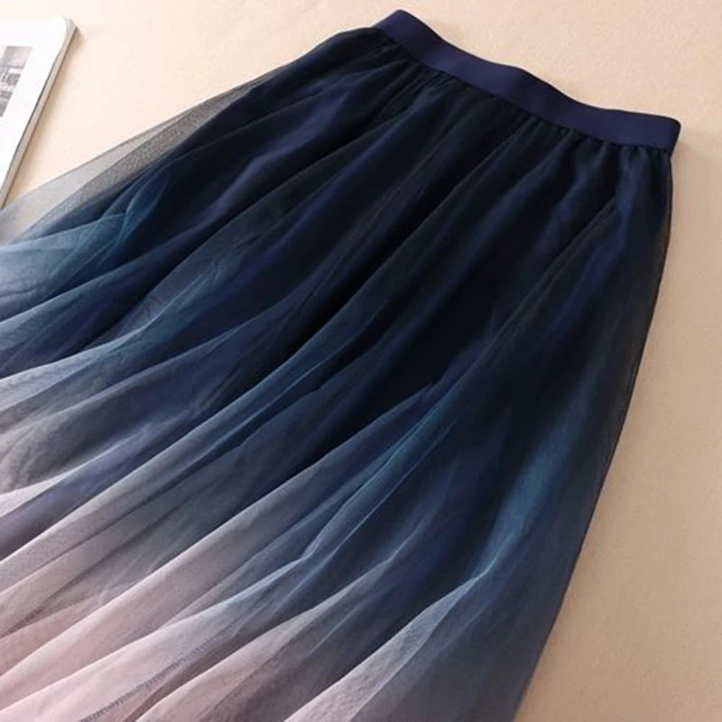 Gradient Tulle Midi Skirt Mesh Pleated Skirts Summer Korean High Waist All Match a Line Skirt