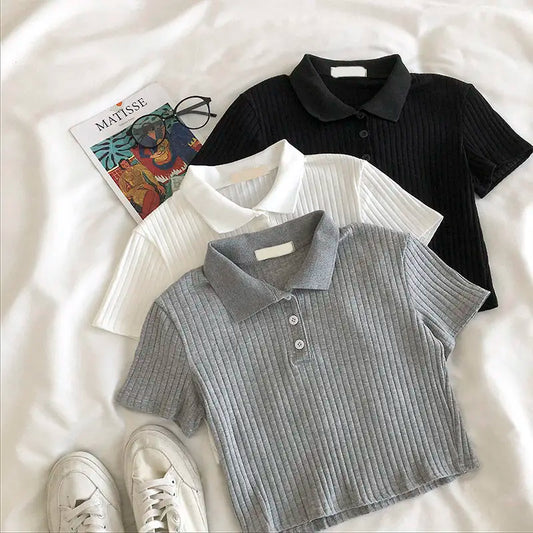 Knit School Polo Neck Cropped Shirt Summer Short Sleeve Youthful Color Crop Top Female Basic Blouse Lady Pullover