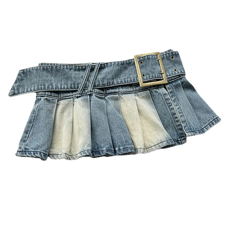Y2k Pleated Jean Mini Skirt Low Waist Belt Short Dress Female Street Denim Cloth Autumn Design Skirt