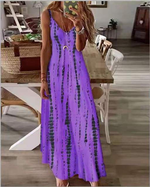 Printed Maxi Spaghetti Strap Dresses for V-neck Backless A-line Long Dress Style Beach Vestidos