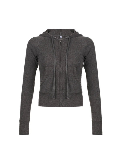 Gray Slim Zip Up Jackets Hoodies for Pockets Long Sleeve Ribbed Simple Basic Preppy Sweatshirts