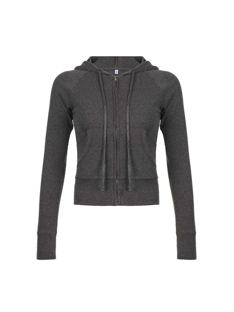 Gray Slim Zip Up Jackets Hoodies for Pockets Long Sleeve Ribbed Simple Basic Preppy Sweatshirts