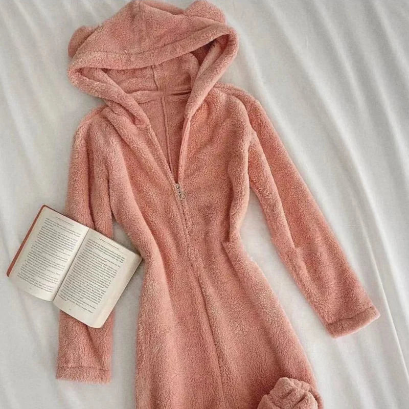 Fall Winter Long Sleeve Soft Fleece Jumpsuits Hear Hooded Zipper Playsuits Warm Sleepwear Romper