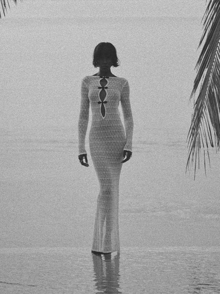 Hollow Out Knitted Long Dress Backless Long Sleeve Slim Maxi Dresses Female Party Beach Holiday