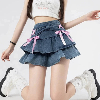 Kawaii Denim Mini Skirt Bow Ruffle Sweet Coquette Skirt Summer Cutecore Blue Aline Retro Short Skirts