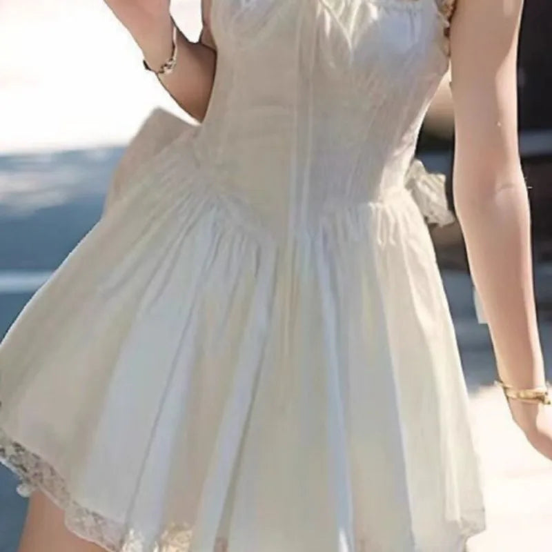 Blue Bandage Mini Dresses Flying Sleeve Spring Summer French Style Dress Ruffles Vestidos Mujer