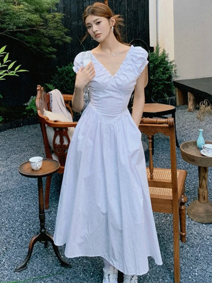 Midi Dresses for Korean V-neck Backless High Waist Puff Sleeve A-line Party Dress Summer Vestidos Mujer
