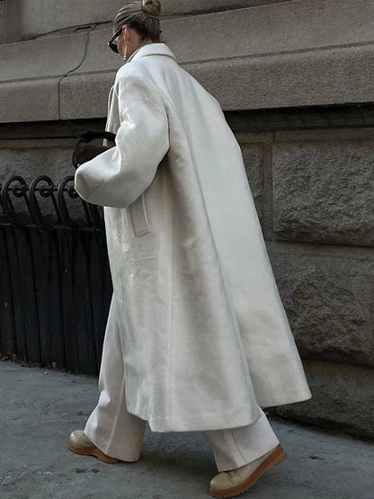 Gray Striped Long Coats Woolen Lapel Long Sleeve Back Split Loose Jackets Autumn Street Outwears