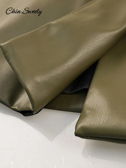 Street ’s Leather Jackets Green Pleat V-neck One Button Full Sleeve Pockets Waist Up Coat Spring Y2k Lady