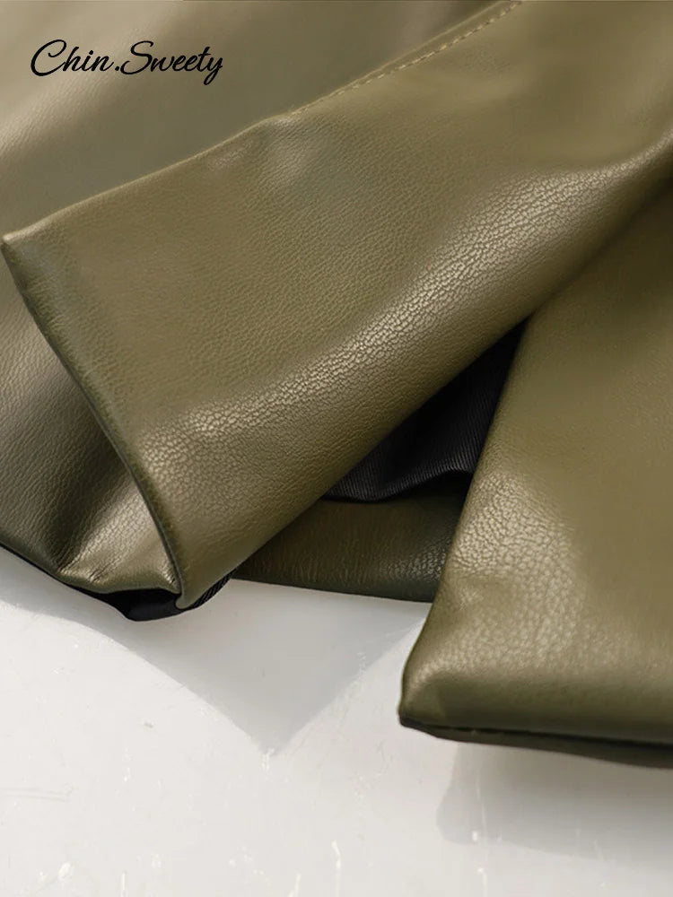 Street ’s Leather Jackets Green Pleat V-neck One Button Full Sleeve Pockets Waist Up Coat Spring Y2k Lady