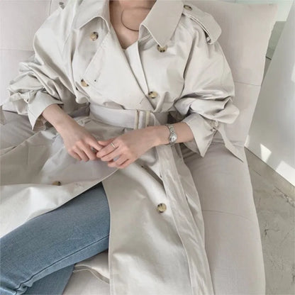 Long Trench Coat New Spring Autumn Lapel Double Breasted With Belt Loose Coat Office Lady Korean Outerwear