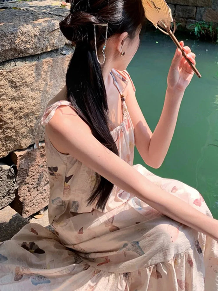 Butterfly Print Party Pleated Long Dress for Summer Club Beige Backless Bandage Slip Vestidos Robe