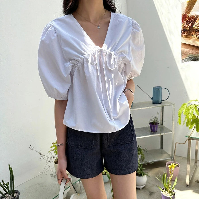 Spring Summer Puff Sleeve Vneck Blouses Short Sleeve Loose Laceup Shirts for