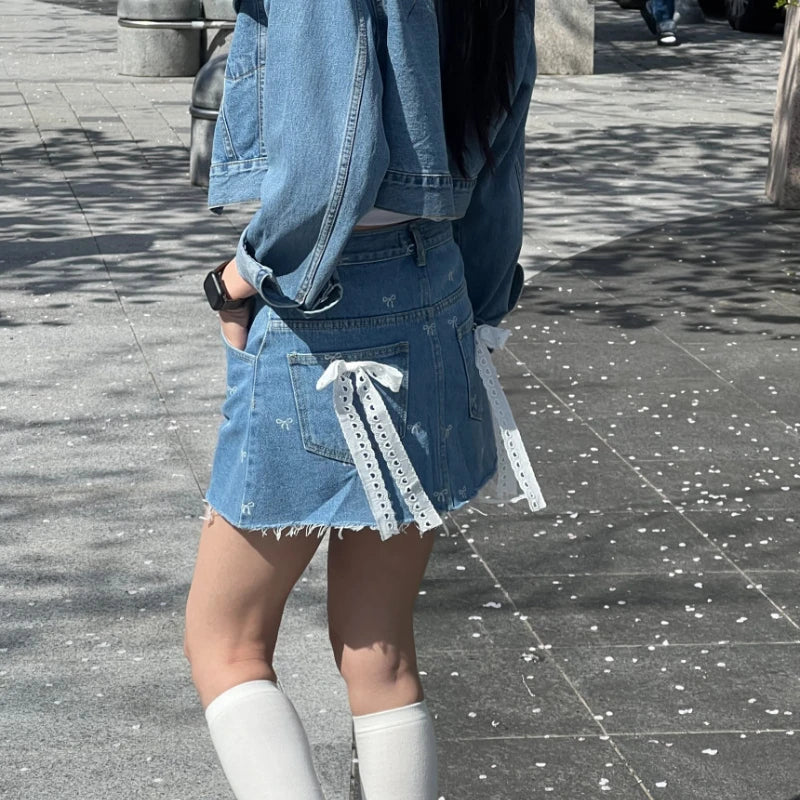 Korean Retro Bow Lace Patchwork Denim Aline Skirt Summer New High Waist Slim Frayed Mini Skirt