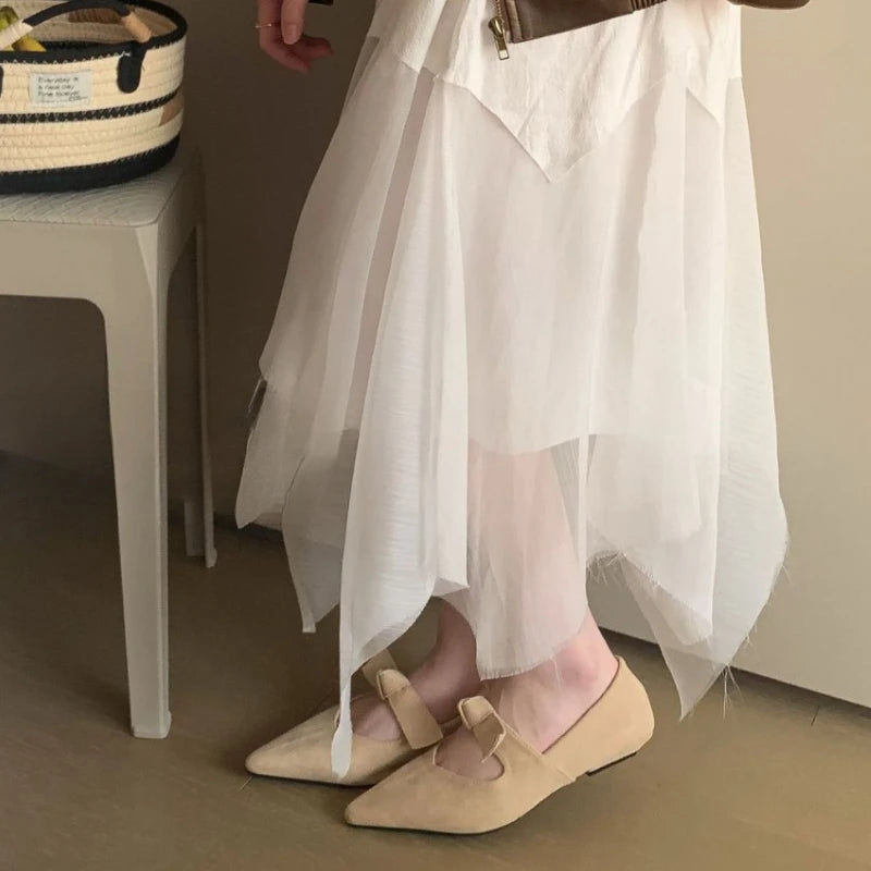 Satin Pointed Toe Mary Jane Bow Knitted Flats Shallow Comfortable Chunky Heel Shoes Design Ballet Shoes