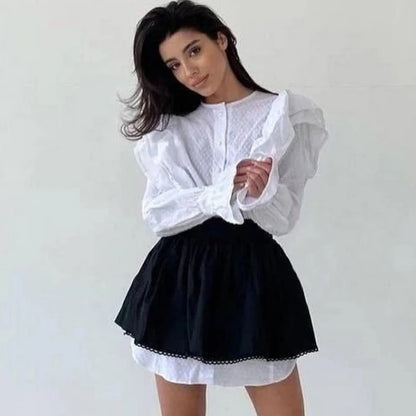 Ruffled Flare Sleeve Shirt Dress for With High Waisted Shorts Contrast Color Patchwork Mini Party Dress Autumn New