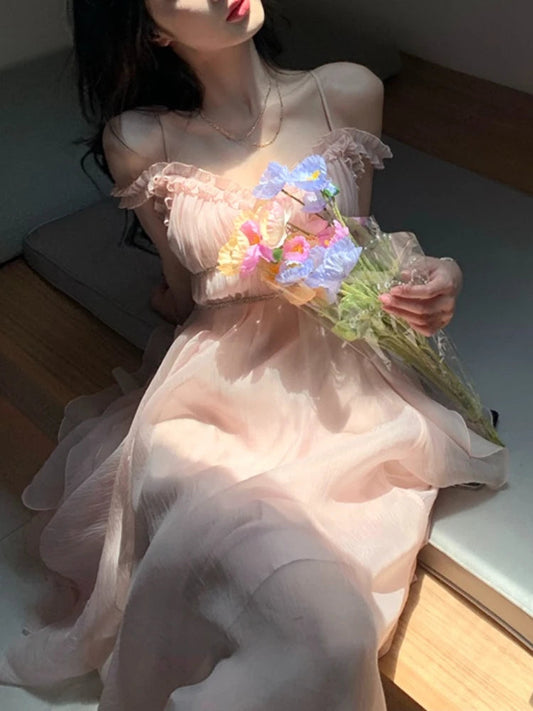 Pink Corset Midi Dress Beach Style Strap Dress Party Sweet Fairy One Piece Dress Korean Summer