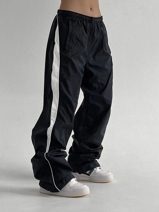 American Retro Straight Leg Track Pants Side Contrast Patchwork Elastic Waist Hippie Jogging Trousers