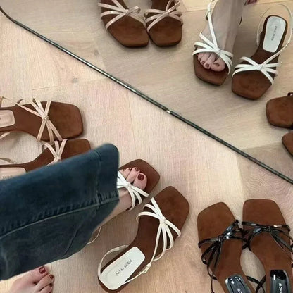 Kitten High Heels Open Toe Sandals Cross Narrow Band Low Slippers Stylish Comfortable Multiwork Shoes Flat Heels