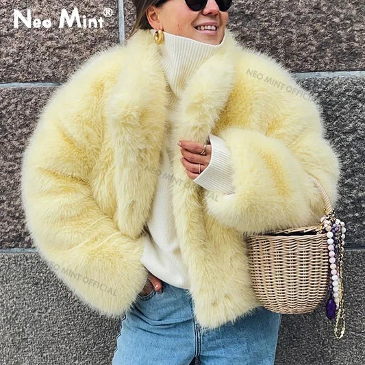 Winter Yellow Faux Fur Jacket Thicken Warm Stand Collar Fox Fur Coat Outerwear