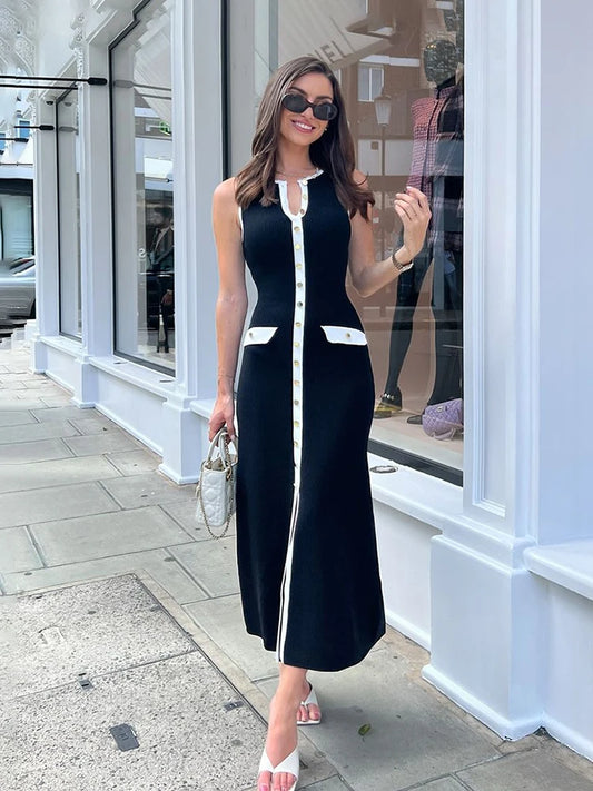 Sleeveless Single-breasted Ribbed Knitwear Long Dress for High Waist Bodycon Knitted Fake Pocket Dress New