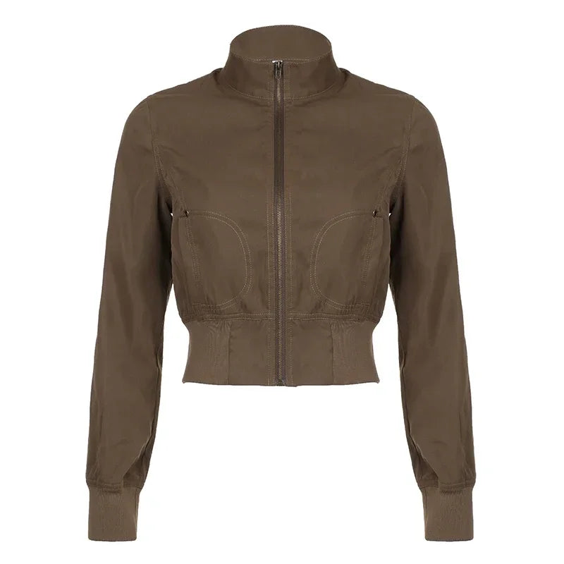 Long Sleeves Pockets Cargo Coats Slim Jackets Y2k Aesthetic Zip Up Clothes