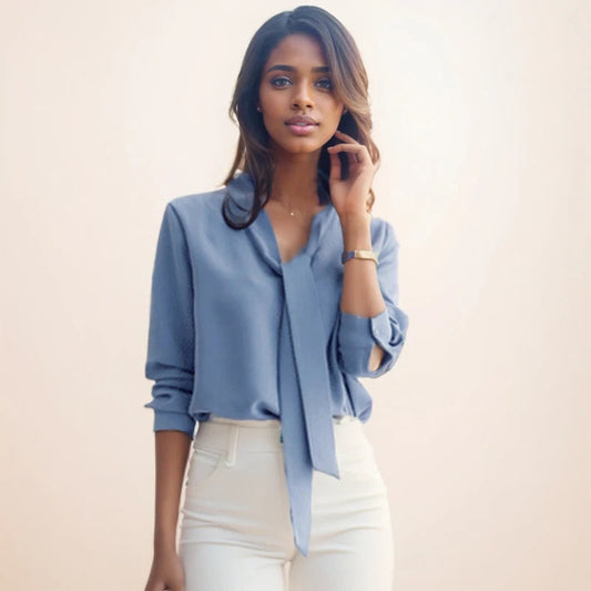 Long Sleeve Bow Tie V-neck Chiffon Blouse